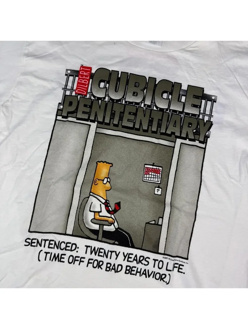 White Dilbert Cubicle Penitentiary double sided graphic tee size L Gildan 2000s